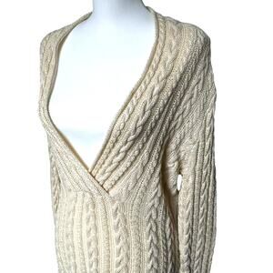 LAUREN RALPH LAUREN Women's Large Cream Deep V-Neck Cable Knit Sweater Scalloped